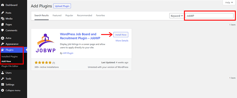 Search and Install the JobWP Plugin