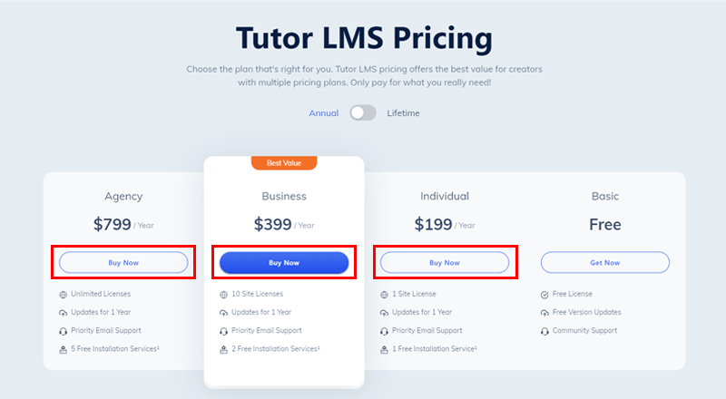 Tutor LMS Pricing Page & Click on Preferred Buy Now - Create a Teacher Website