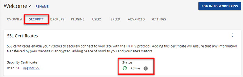 SSL Security Activated on Bluehost