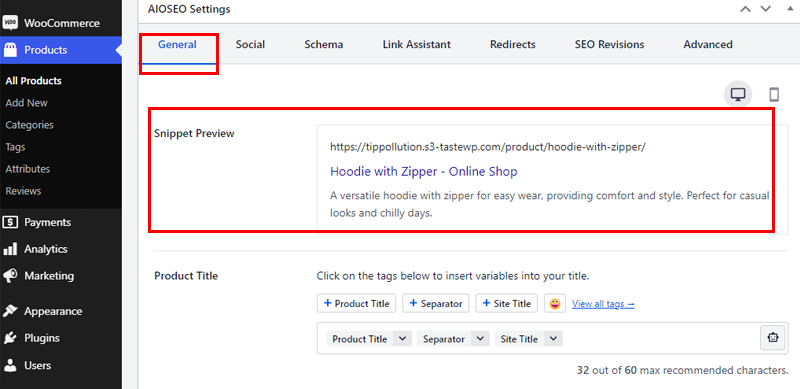 Preview Of Snippets WooCommerce SEO