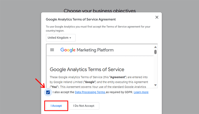 Accept Google Analytics Terms & Conditions