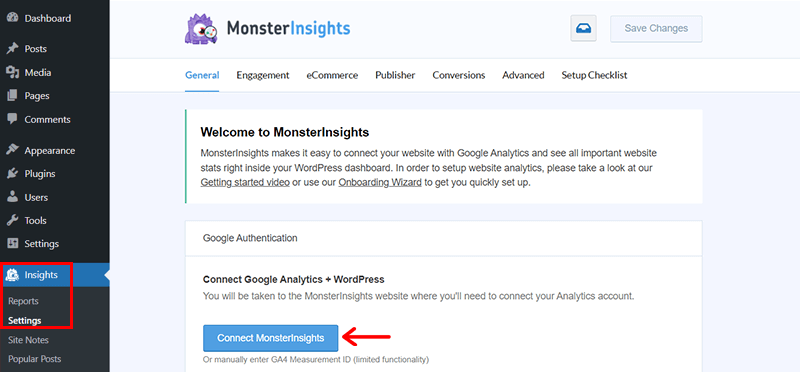 Go to Insights Settings & Click on Connect MonsterInsights 