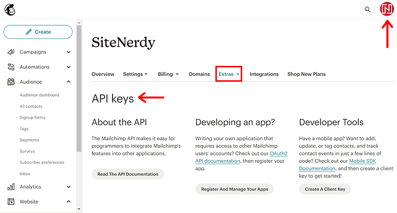 Go to Profile & Extras to Access API Key