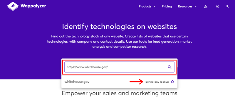 Paste the Website URL & Click on Technology Lookup