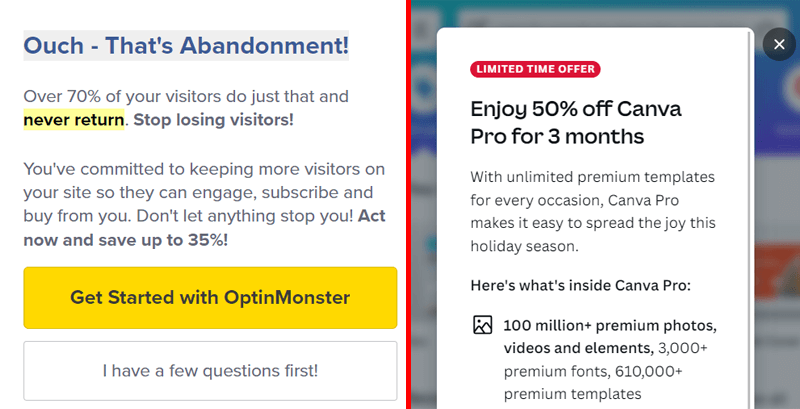 Pop-up Examples: OptinMonster vs Canva