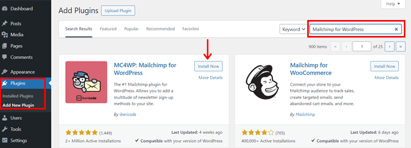 Search and Install Mailchimp for WordPress 