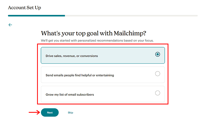Specify Your Top Goals With Mailchimp & Click Next 