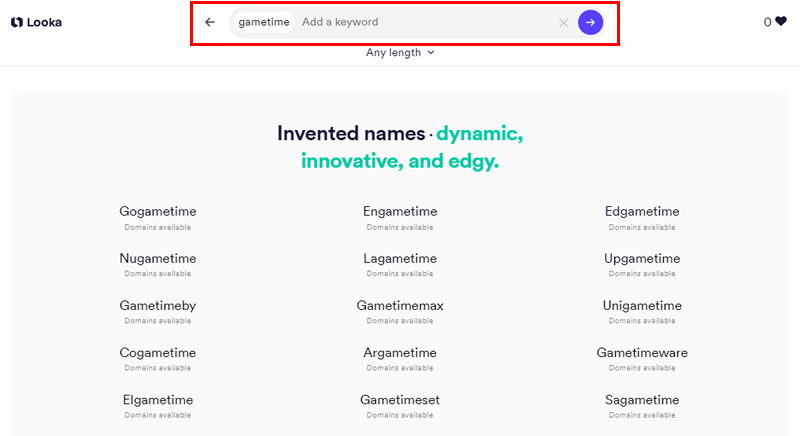 Searching Domain Name on Looka Business Name Generator