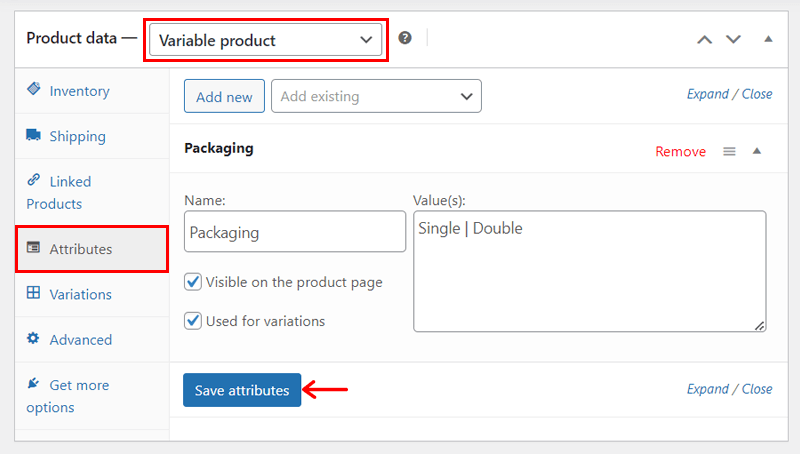 Save Attributes for Variable Product