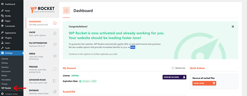 Go to Settings & WP Rocket to Access the Dashboard 