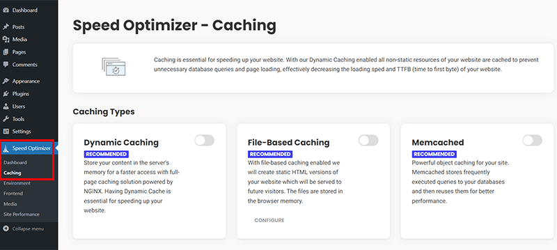 Navigate to Speed Optimizer & Caching Option
