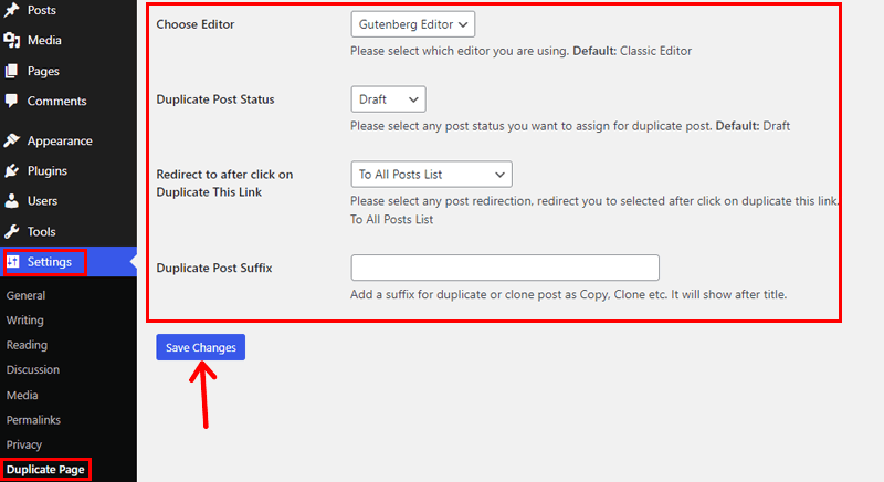 Duplicate Page Plugin Setting