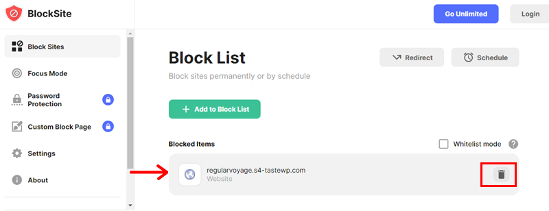 Delete Site From Block List