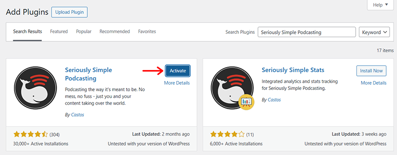 Activate Seriously Simple Podcasting Plugin