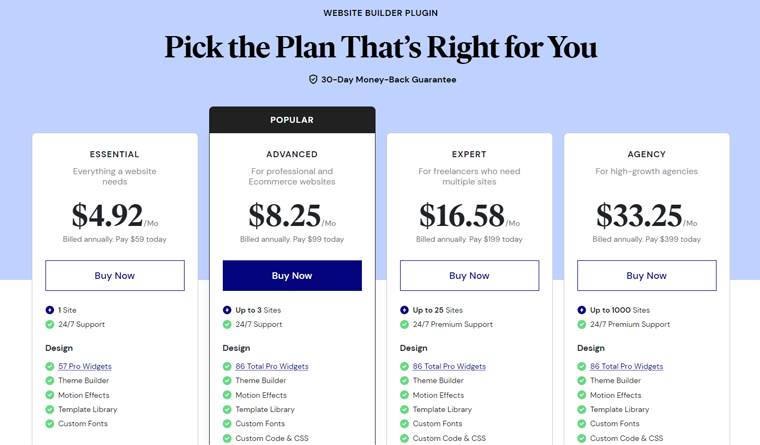 Elementor Website Builder Pricing Plans 