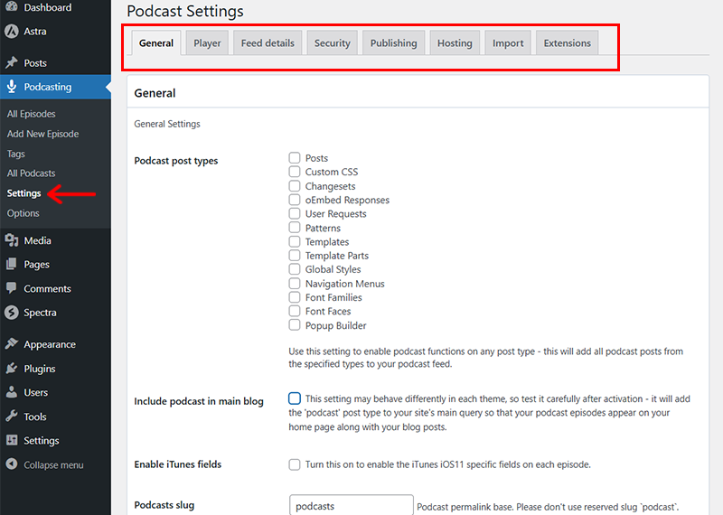 Go to Podcasting & Settings to Access the Settings Option 