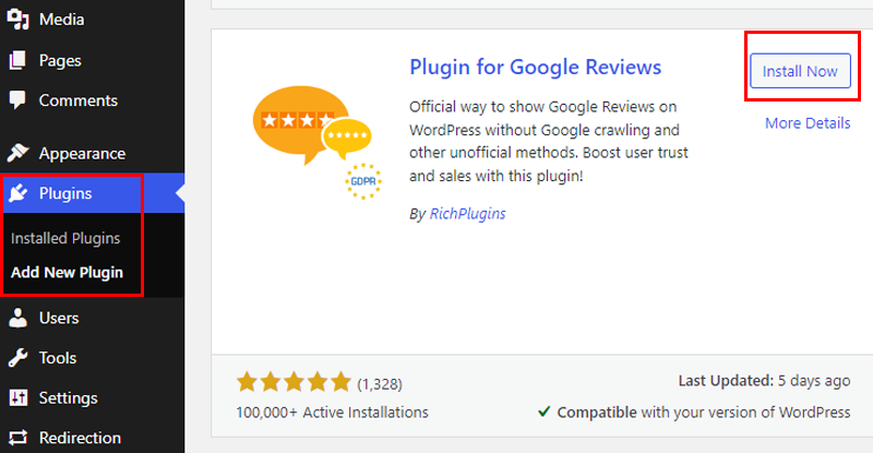 Install Plugin for Google Reviews