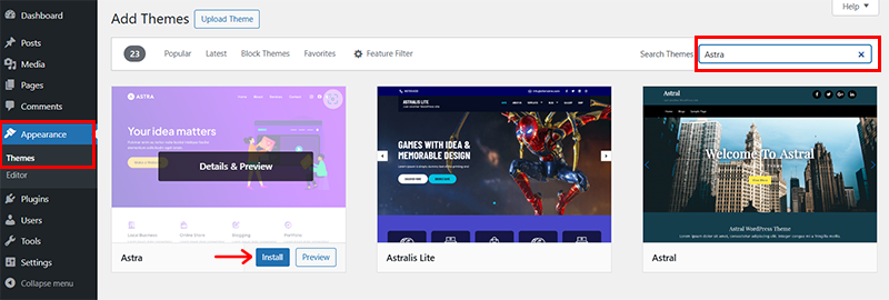 Search & Install Astra Theme 