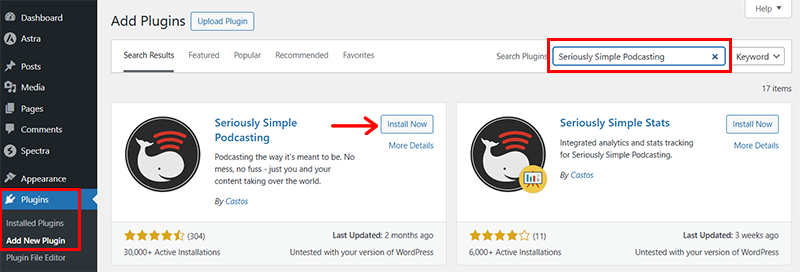 Search and Install Seriously Simple Podcasting Plugin 