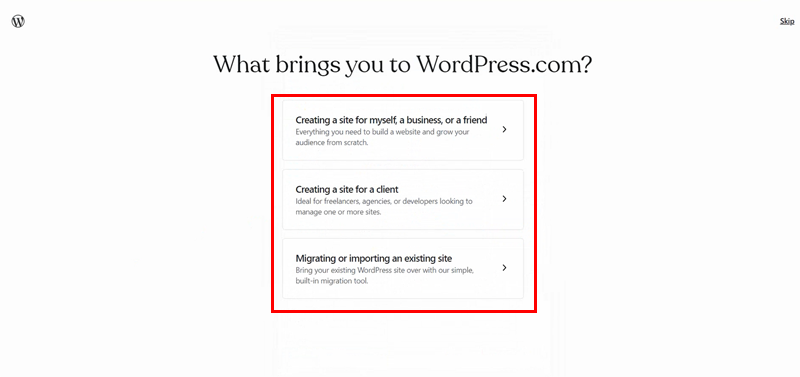 Specify What Brings You To WordPress.com