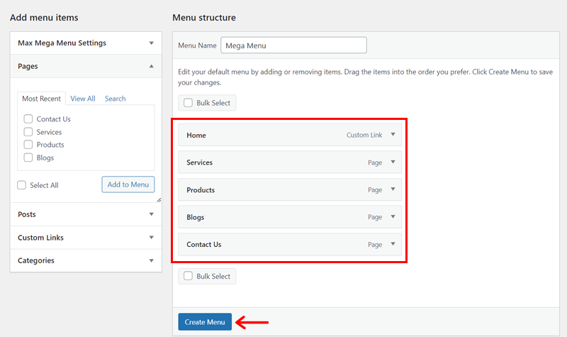 Arrange Your Pages as Desired and Click on Create Menu