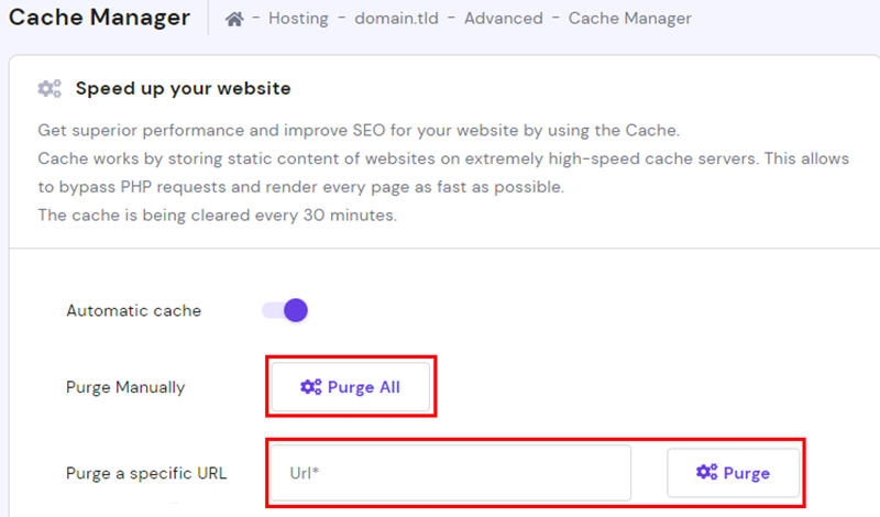 Cache Manager of Hostinger