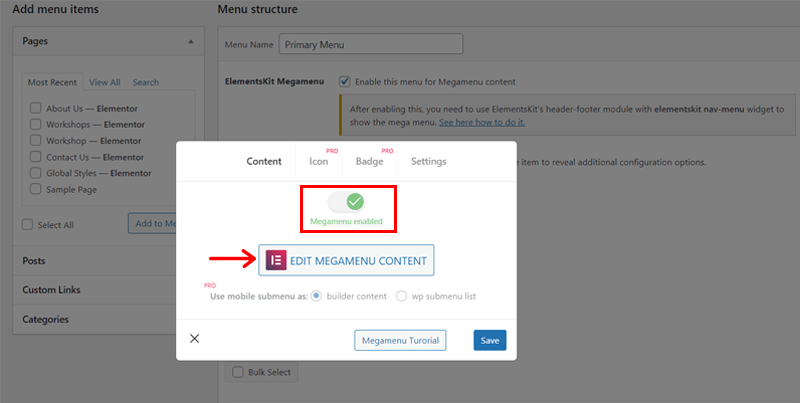 Click on MegaMenu Enabled and Edit Mega Menu Content