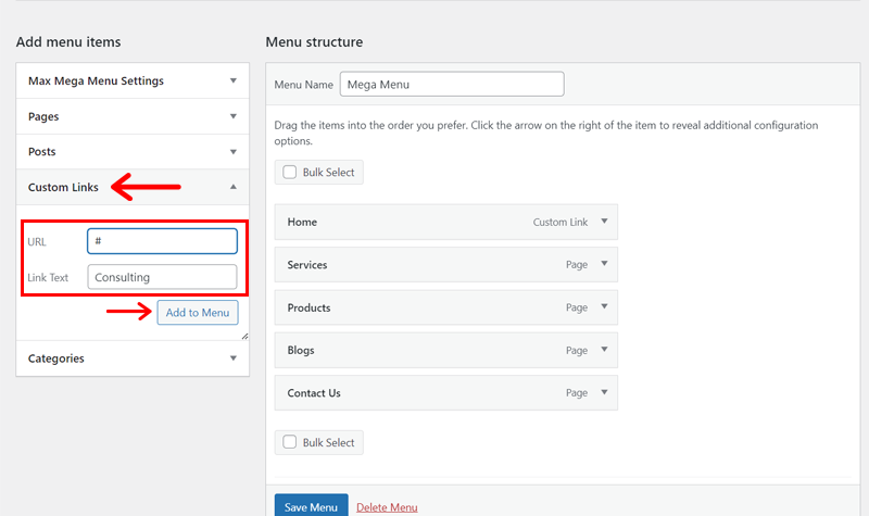 Configure Custom Links and Click on Add to Menu