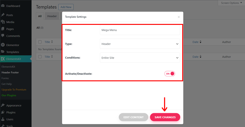 Configure Template Settings and Click on Save Changes