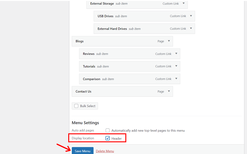 Enable Display Location as Header and Click on Save Menu