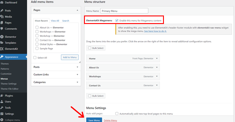 Enable ElementsKit MegaMenu and Click Save Menu