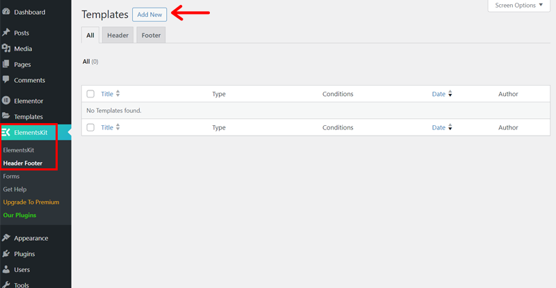 Go to ElementsKit Header Footer and Add New Option