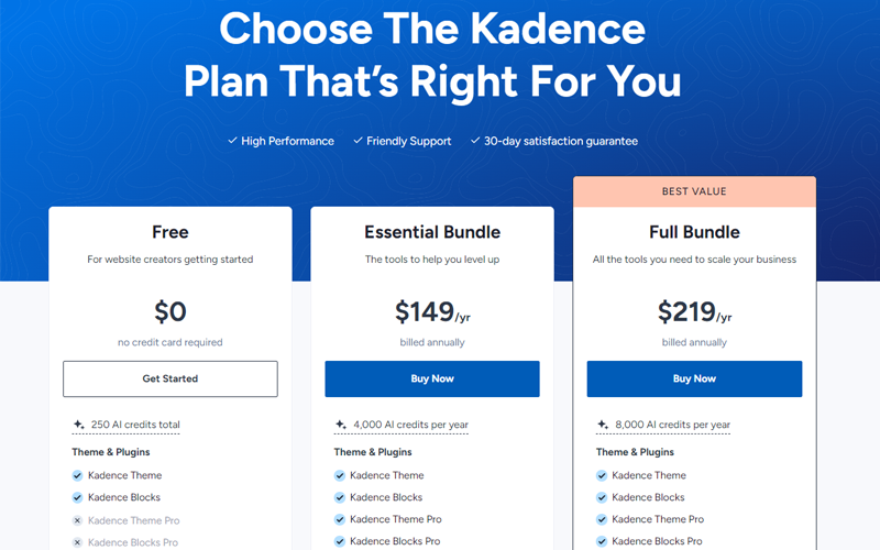 Kadence Pricing Page