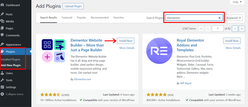 Search & Install Elementor Plugin 