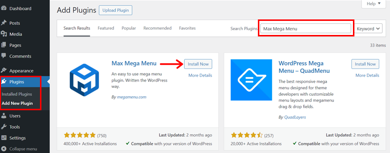 Search and Install Max Mega Menu Plugin