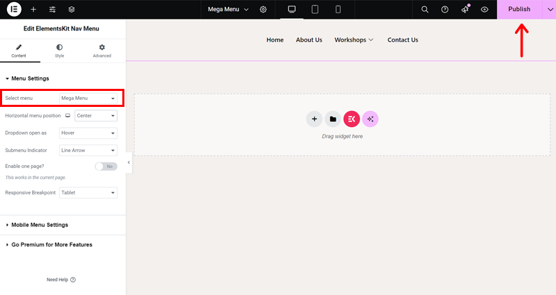 Select Mega Menu from Menu Settings and Click on Publish