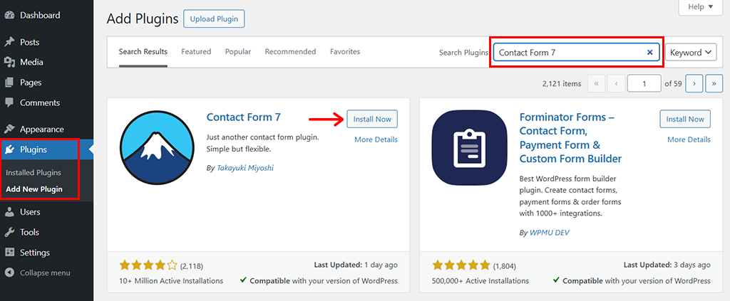 Search & Install Contact Form 7 Plugin 