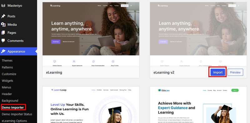 Import a Demo of eLearning Theme