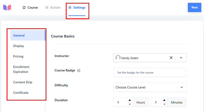 Masteriyo Course Settings