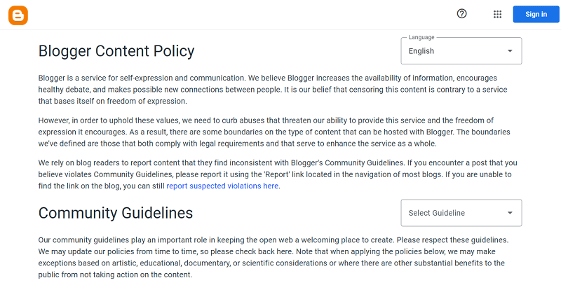 Policies in Blogger