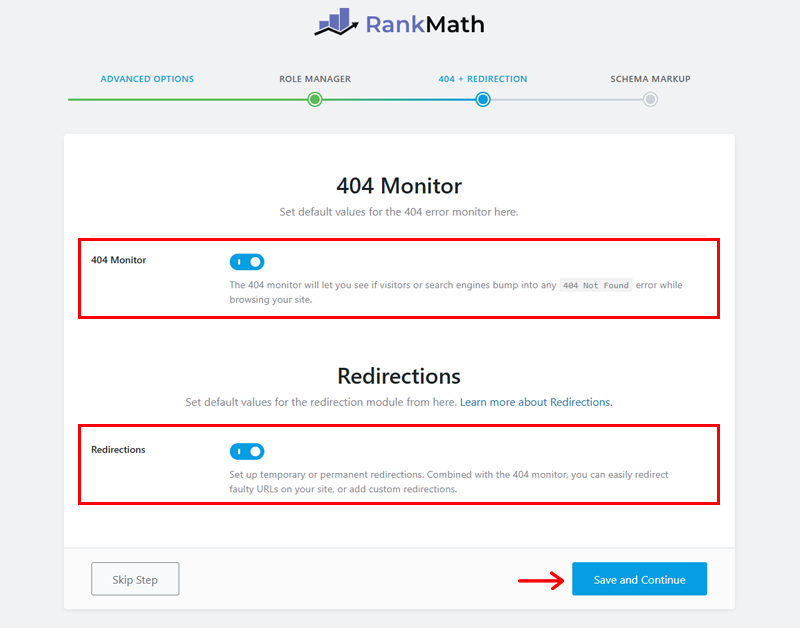 Enable 404 Monitor & Redirection & Click on Save & Continue