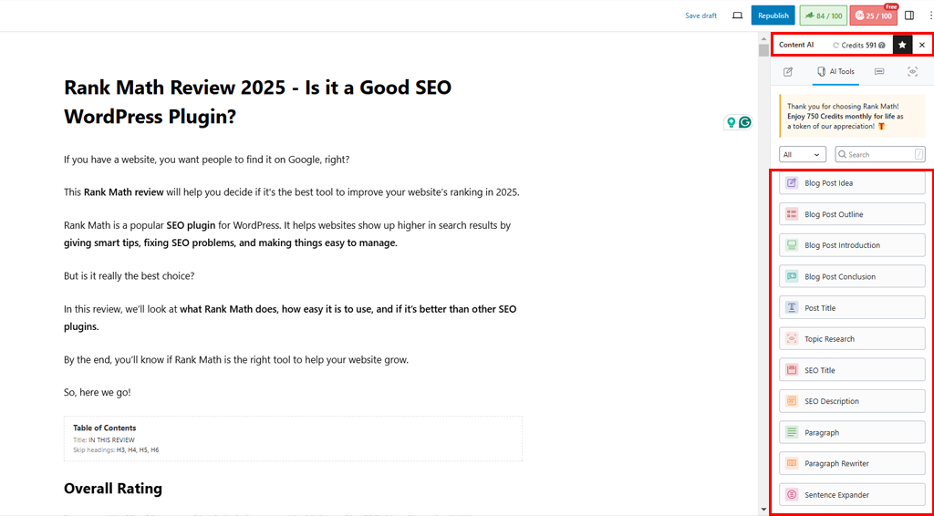 Glimpse of Rank Math Content AI Feature 
