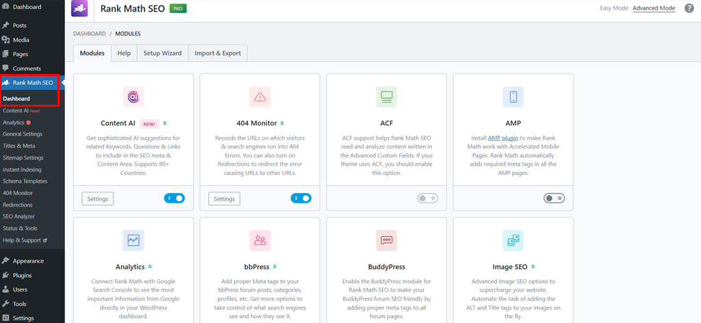 Glimpse of Rank Math Dashboard