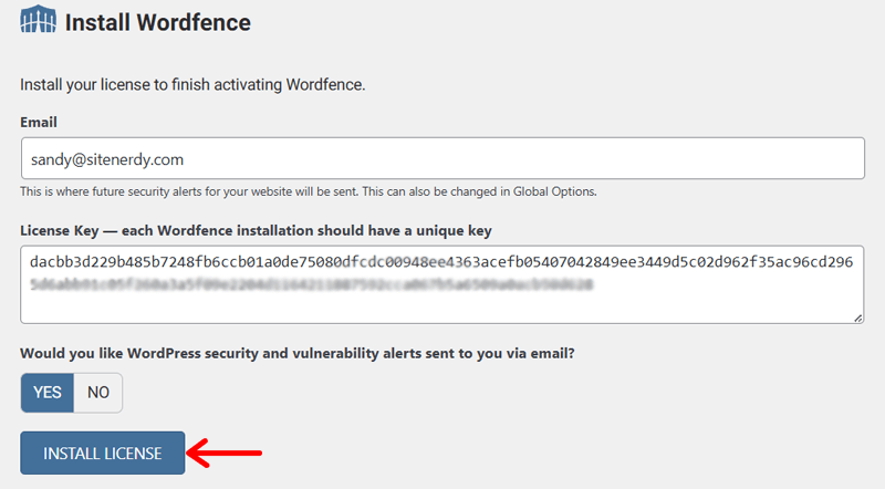 Install Wordfence License - WordPress Two-Factor Authentication