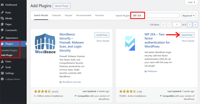 Install WP 2FA Plugin for WordPress Two-Factor Authentication