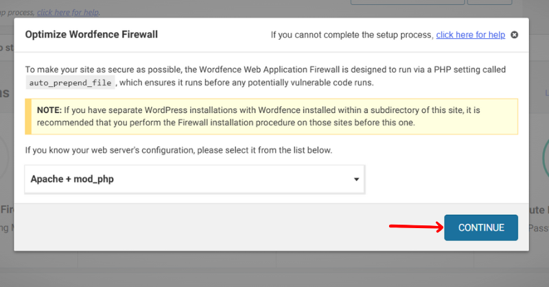 Optimized Wordfence Firewall Dialogue Box