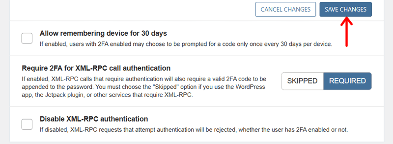 Save Changes to 2FA Settings