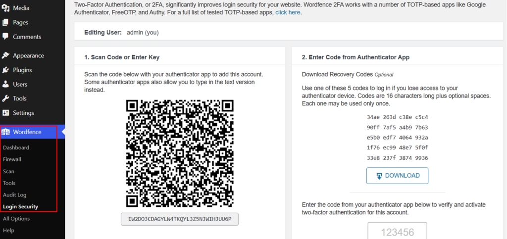 Wordfence 2FA Codes