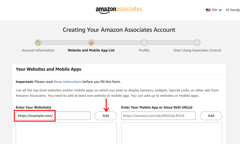 Add Your Site to the Amazon Account