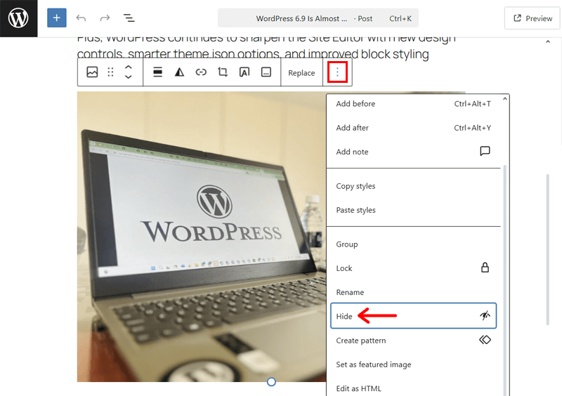 Hide Block Option in Toolbar of WordPress 6.9